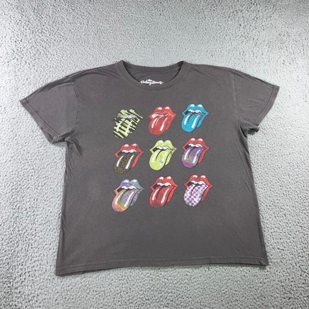 The Rolling Stones Graphic Tee Women L Grey Tongue Logo Oversized Boxy Band Tee